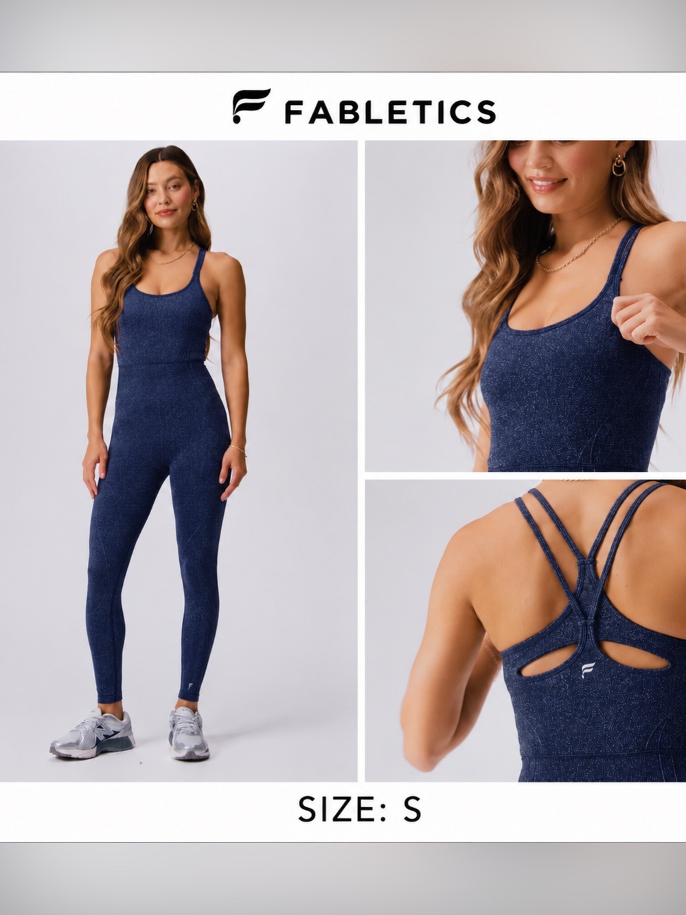 NWOT Fabletics Navy Blue Sculpting Strappy Jumpsuit SIZE S